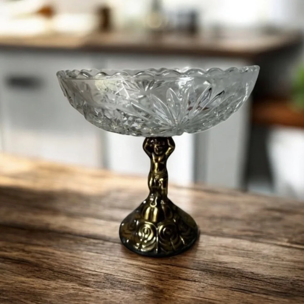 Crystal Glass Compote with Gold cherub Base vintage